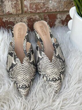 SCHUTZ Snake Skin Print with Pointed Leather Toe & Low Block Heel Mules Sz. 8.5B